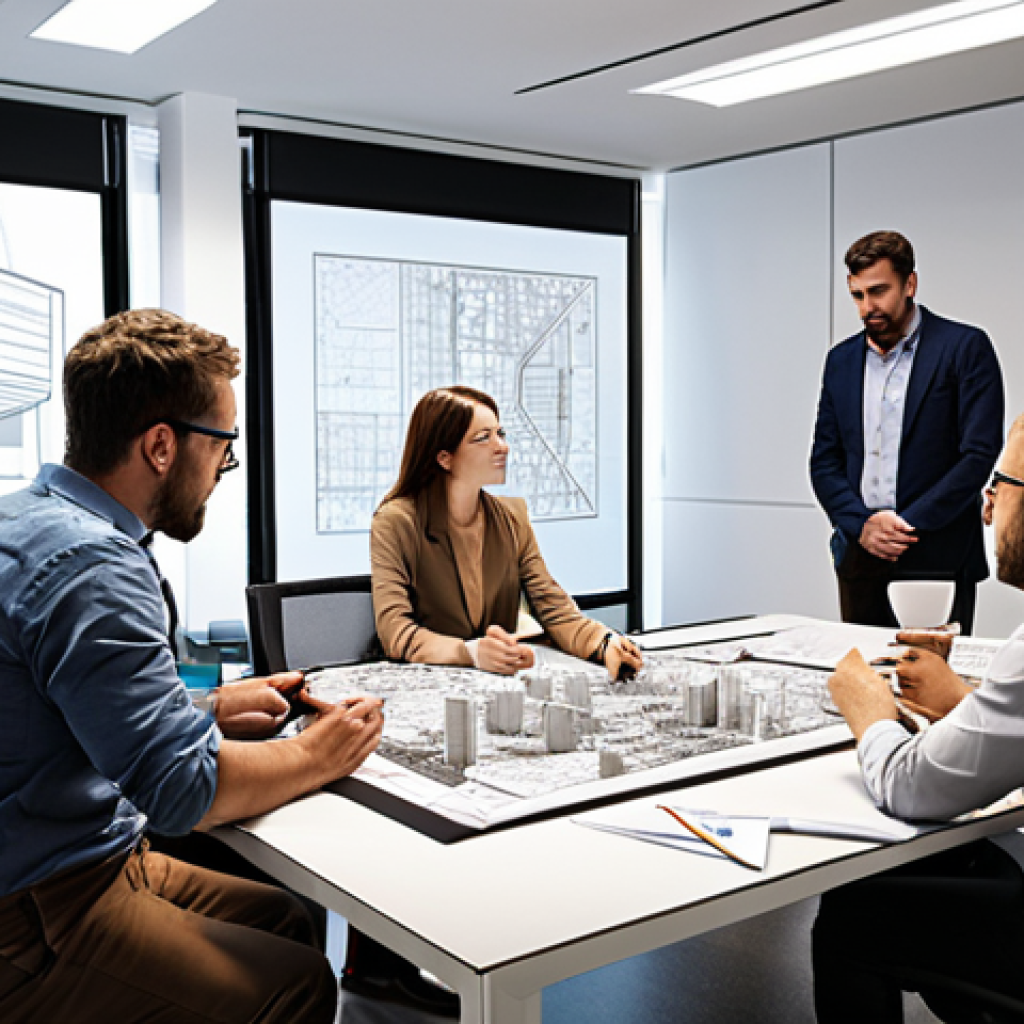 **

A collaborative architectural design meeting in a modern office. Architects and engineers are gathered around a table, reviewing a BIM model of a skyscraper on a large screen. Sketches and architectural plans are scattered on the table. Emphasize communication and problem-solving, showcasing diverse perspectives coming together.

**