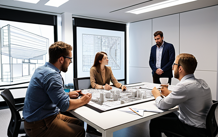 **

A collaborative architectural design meeting in a modern office. Architects and engineers are gathered around a table, reviewing a BIM model of a skyscraper on a large screen. Sketches and architectural plans are scattered on the table. Emphasize communication and problem-solving, showcasing diverse perspectives coming together.

**