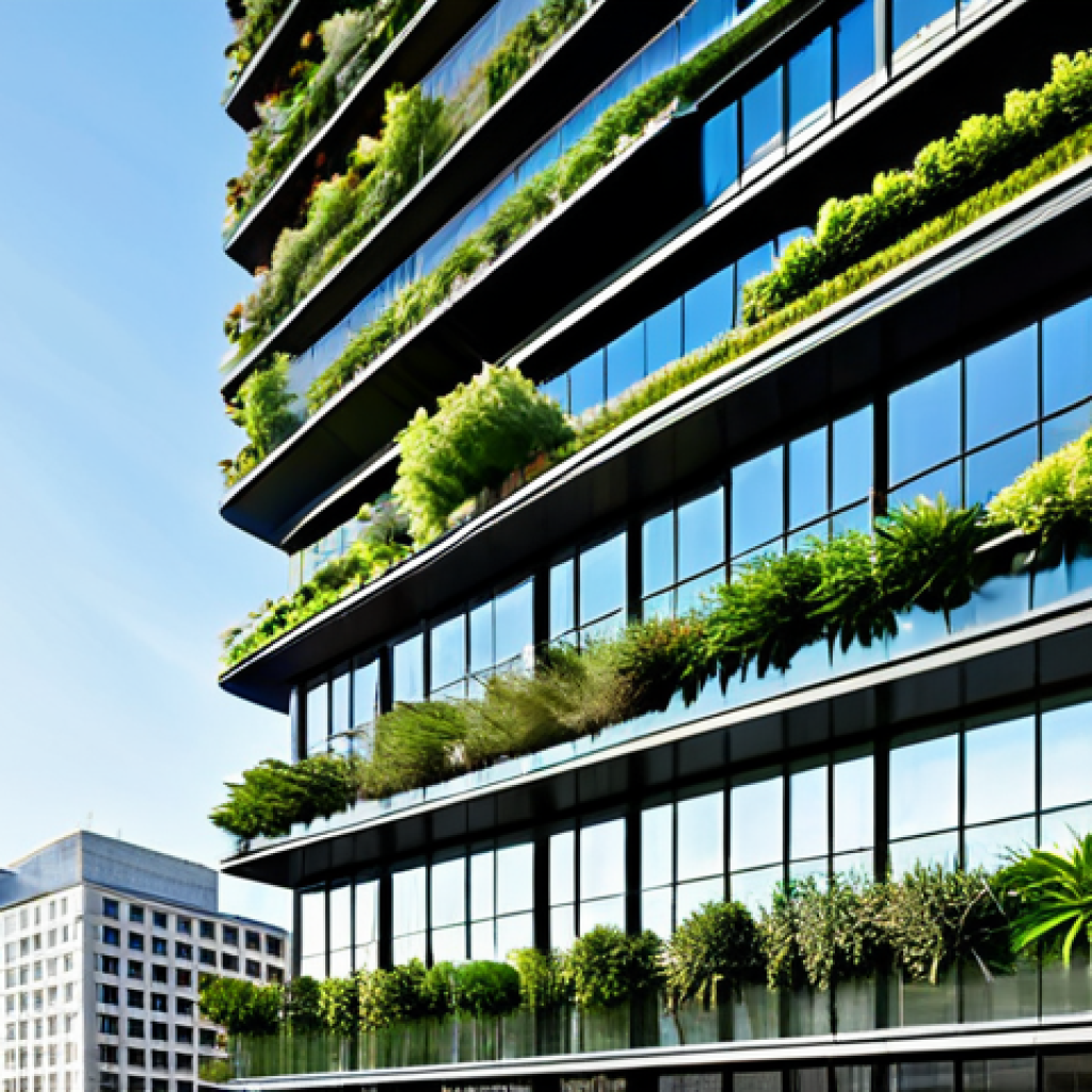 A visionary high-rise building with a sleek, intelligent glass facade that dynamically adjusts to light, and integrated vertical gardens reaching towards the sky. The architecture embodies advanced IoT systems and AI-driven energy optimization, showcasing biophilic design principles with abundant natural light flowing into open, modern spaces. The building is set in a vibrant, clean urban landscape on a clear day, symbolizing a harmonious blend of technology and nature. Professional architectural photography, high detail, correct proportions, safe for work, appropriate content, fully clothed, professional, family-friendly.