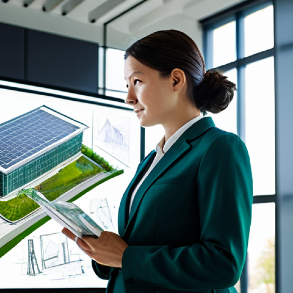 **Prompt:** A professional female architect, fully clothed in a modest business suit, stands in a sunlit, modern architectural studio. She is focused on a large holographic display showcasing a complex, sustainable building design with integrated green spaces and smart technology features. The background includes architectural models and design sketches. Her pose is natural, with perfect anatomy, correct proportions, and well-formed hands. The image exudes a high-quality professional photography aesthetic, emphasizing innovation and environmental responsibility. This is safe for work, appropriate content, professional, and family-friendly.