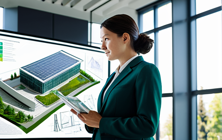 **Prompt:** A professional female architect, fully clothed in a modest business suit, stands in a sunlit, modern architectural studio. She is focused on a large holographic display showcasing a complex, sustainable building design with integrated green spaces and smart technology features. The background includes architectural models and design sketches. Her pose is natural, with perfect anatomy, correct proportions, and well-formed hands. The image exudes a high-quality professional photography aesthetic, emphasizing innovation and environmental responsibility. This is safe for work, appropriate content, professional, and family-friendly.