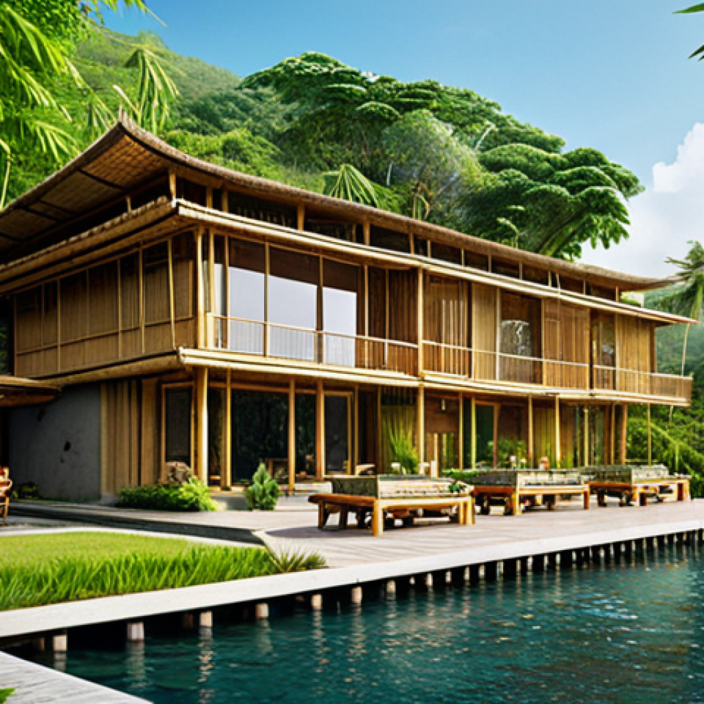 **

"A modern bamboo resort nestled in a lush green landscape, featuring innovative bamboo construction techniques, fully clothed tourists enjoying the sustainable architecture, natural lighting, safe for work, appropriate content, perfect anatomy, natural proportions, professional photography, family-friendly, architectural photography, clear details, well-formed hands."

**
