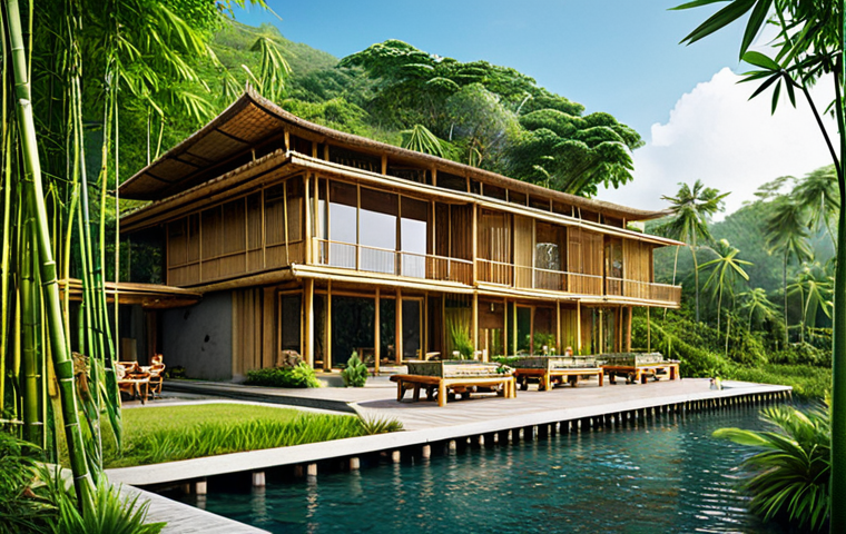 **

"A modern bamboo resort nestled in a lush green landscape, featuring innovative bamboo construction techniques, fully clothed tourists enjoying the sustainable architecture, natural lighting, safe for work, appropriate content, perfect anatomy, natural proportions, professional photography, family-friendly, architectural photography, clear details, well-formed hands."

**