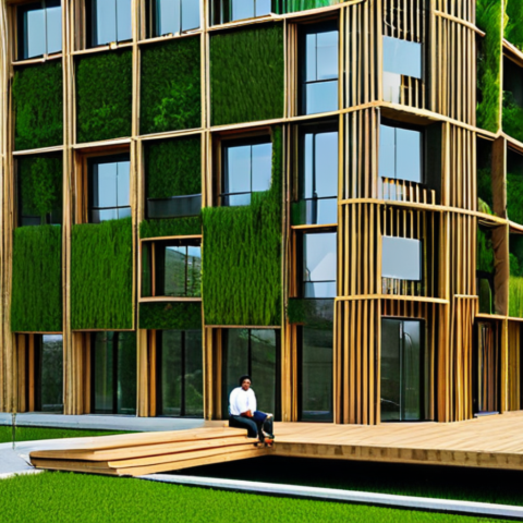 Sustainable Architecture**

"Exterior of a modern, eco-friendly building featuring solar panels and green walls, built with recycled wood and bamboo, fully clothed people admiring the structure, sustainable design elements, daytime, safe for work, appropriate content, professional architecture photography, perfect anatomy, natural proportions, high quality, fully clothed, modest."

**