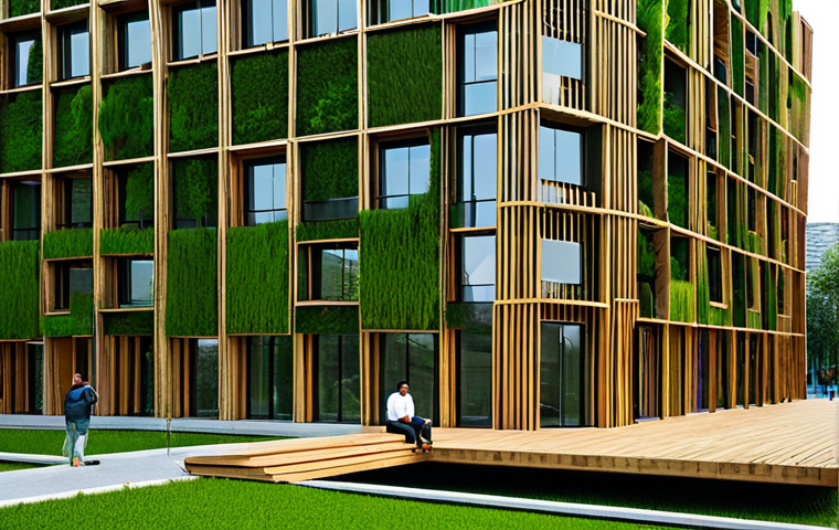 Sustainable Architecture**

"Exterior of a modern, eco-friendly building featuring solar panels and green walls, built with recycled wood and bamboo, fully clothed people admiring the structure, sustainable design elements, daytime, safe for work, appropriate content, professional architecture photography, perfect anatomy, natural proportions, high quality, fully clothed, modest."

**