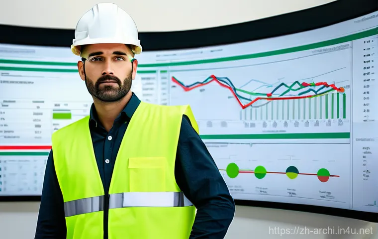 건축 프로젝트 관리에서 발생하는 문제 - **Prompt:** A dynamic, wide-angle shot of a modern construction project manager, a male in his late ...
