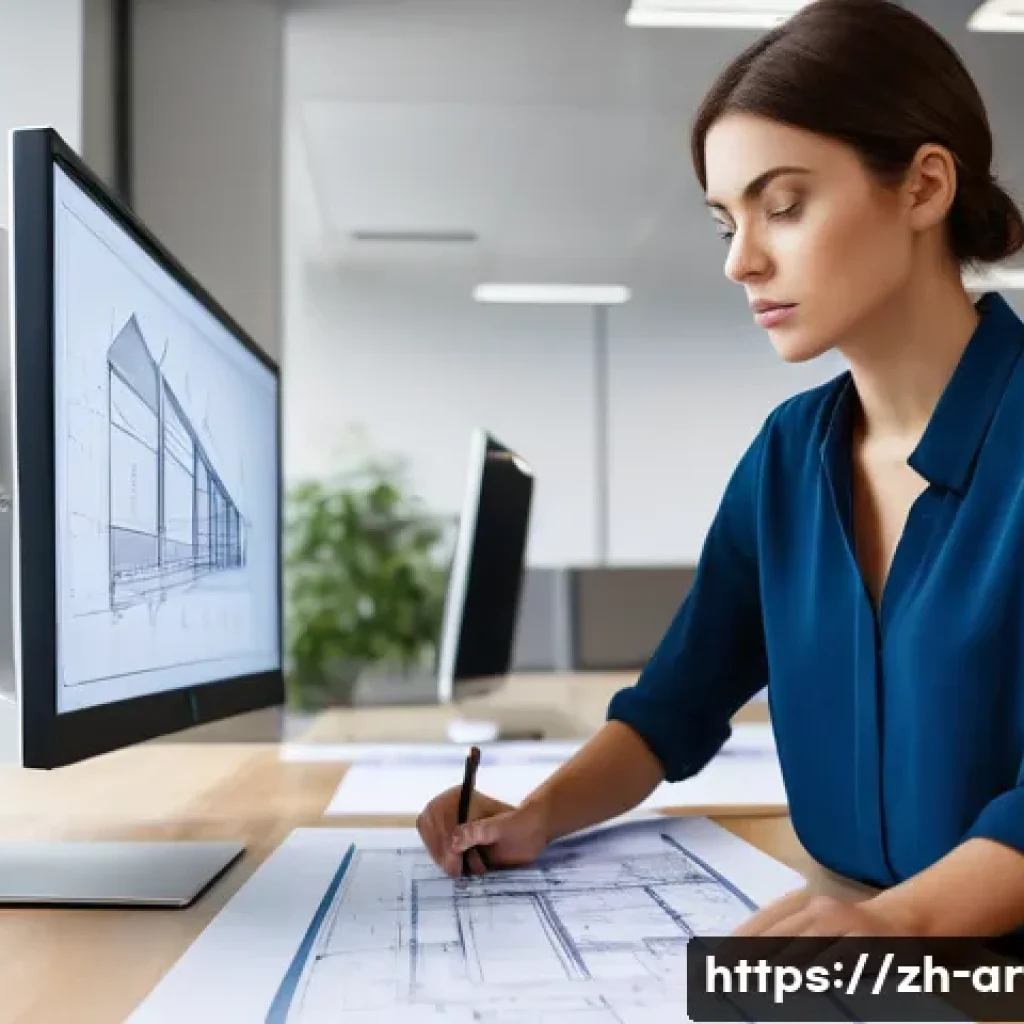 건축가의 시간 관리 전략 - A focused female architect, in her late 20s, with short, neat hair, wearing a stylish but profession...