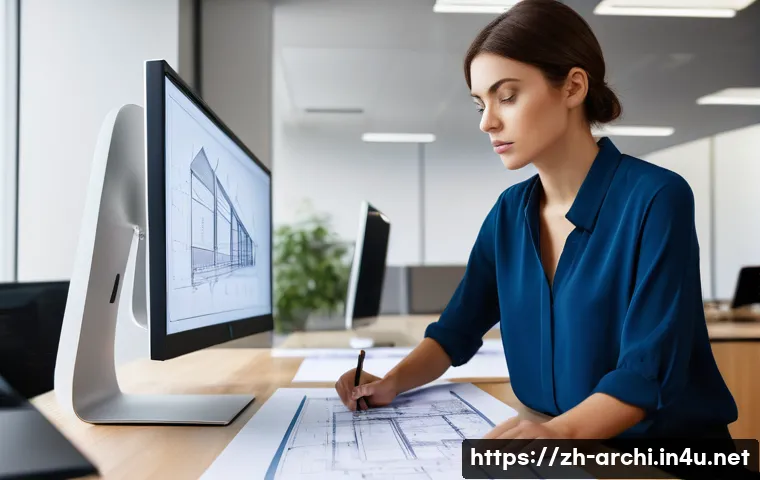 건축가의 시간 관리 전략 - A focused female architect, in her late 20s, with short, neat hair, wearing a stylish but profession...