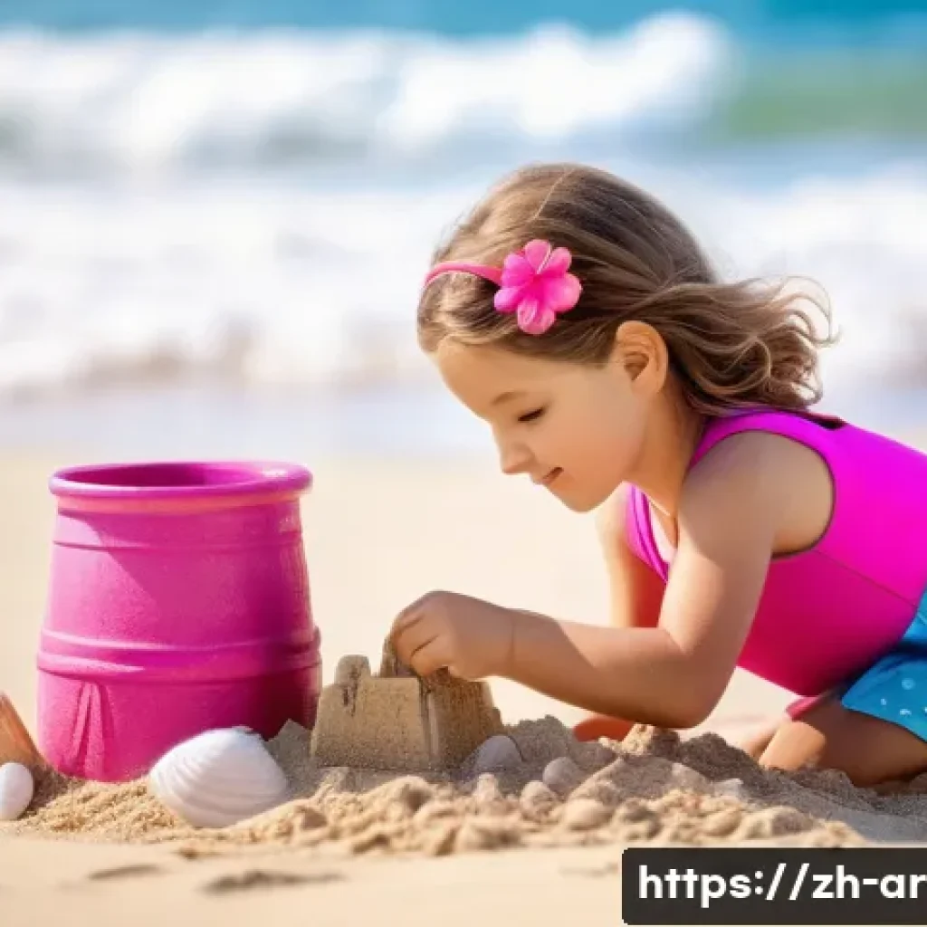 건축가의 성장 기록 블로그 작성법 - **Prompt:** "A young girl (8 years old) is playing on a sunny beach, building a sandcastle. She is w...