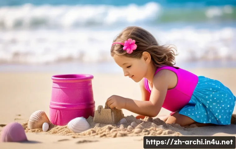 건축가의 성장 기록 블로그 작성법 - **Prompt:** "A young girl (8 years old) is playing on a sunny beach, building a sandcastle. She is w...