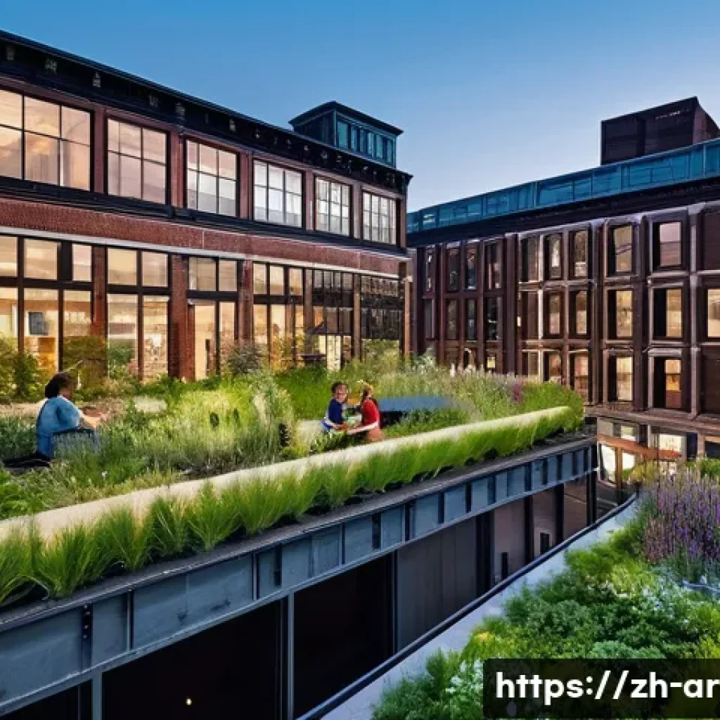 건축 프로젝트의 경제적 영향 평가 사례 - **Vibrant Urban Renewal: From Industrial Past to Creative Future** A wide shot capturing a bustl...