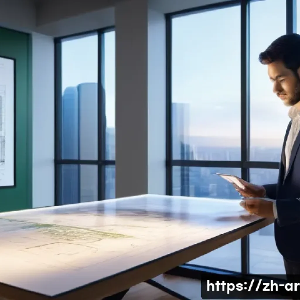 건축가 직무 설명과 역할 - **Prompt: The Architect's Visionary Studio** A realistic, highly detailed image of a modern, sun...