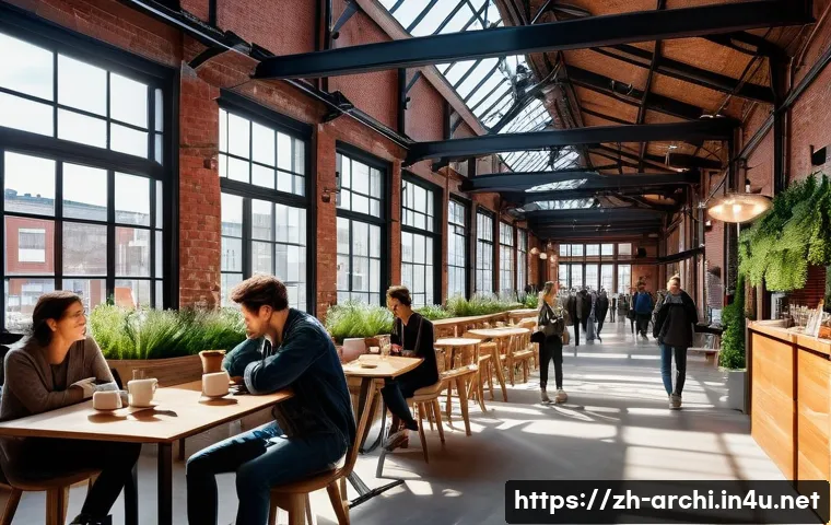 건축 설계와 공공공간 디자인 사례 - **Industrial Heritage Transformed into Vibrant Cultural Hub:** A wide-angle, highly detailed photogr...