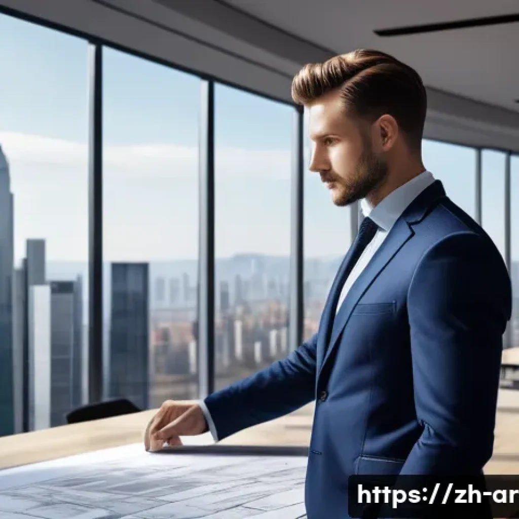 건축사 시험 면접 대비법 - A confident architect in a modern office setting, wearing a neat professional suit with a clean hair...