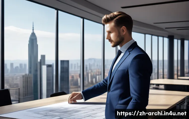 건축사 시험 면접 대비법 - A confident architect in a modern office setting, wearing a neat professional suit with a clean hair...