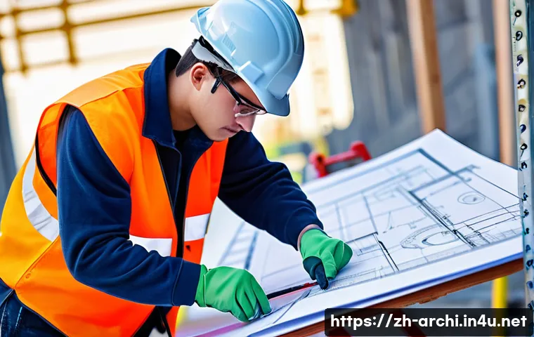 건축 실기 시험에서 평가 기준 분석 - A detailed scene of a professional construction skills examination in progress on a modern construct...