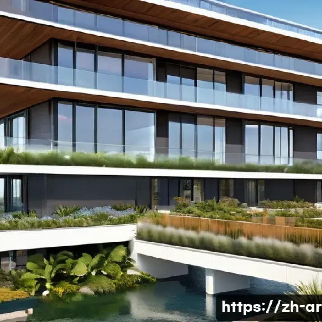 건축 설계 이론 정리 - A modern waterfront residential community showcasing sustainable architectural design, featuring gre...