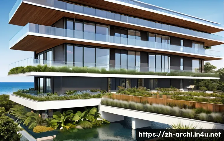 건축 설계 이론 정리 - A modern waterfront residential community showcasing sustainable architectural design, featuring gre...