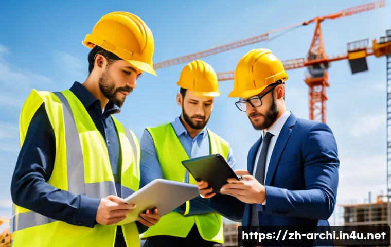 건축 관련 법적 분쟁 예방 방법 - A modern construction site scene showcasing a diverse team of engineers and legal advisors collabora...