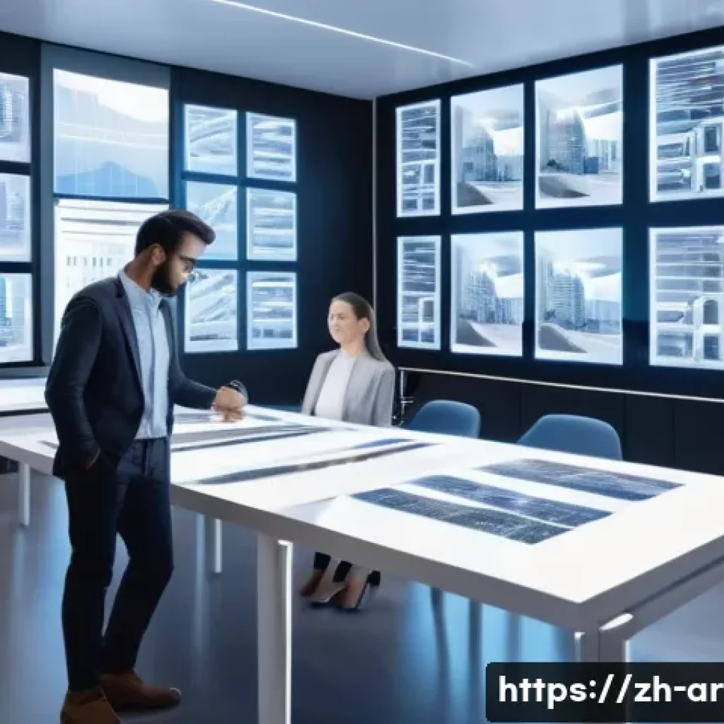건축 설계와 인공지능의 융합 - A futuristic architectural design studio scene featuring a diverse team of architects collaborating ...
