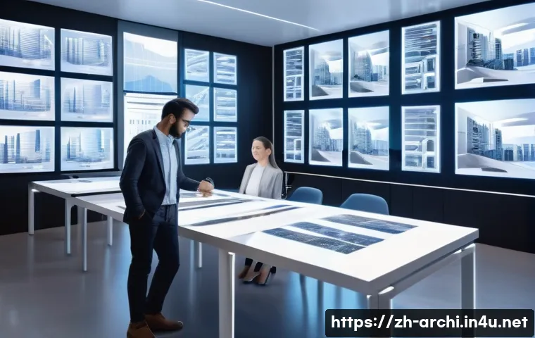 건축 설계와 인공지능의 융합 - A futuristic architectural design studio scene featuring a diverse team of architects collaborating ...