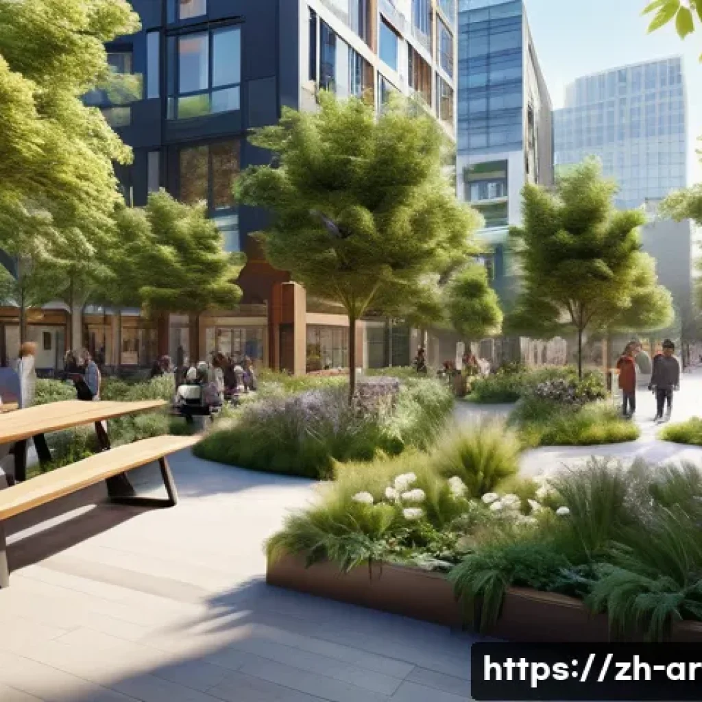 건축 설계와 공공 디자인 - A vibrant urban public square featuring an open-plan layout designed for community interaction, with...