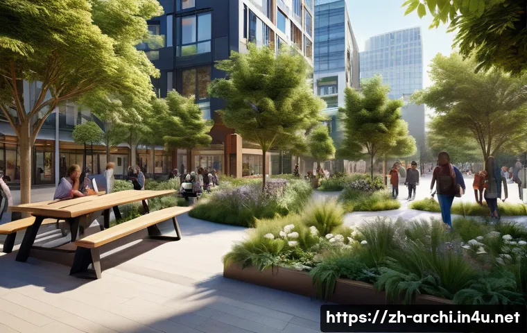 건축 설계와 공공 디자인 - A vibrant urban public square featuring an open-plan layout designed for community interaction, with...
