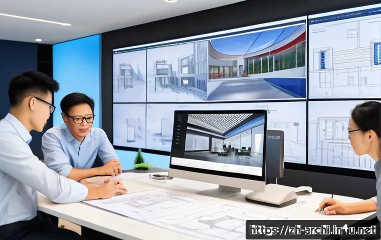 건축가가 알아야 할 최신 법률 - A modern architectural design studio scene showing diverse architects collaborating over a large dig...