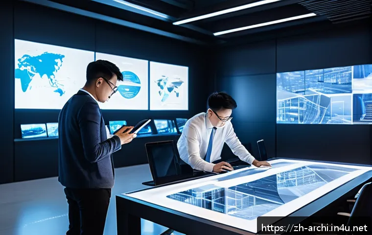 건축 실무에서의 디자인 품질 평가 - A high-tech architectural design studio scene showcasing a large digital screen displaying a detaile...