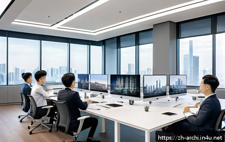 건축 실무에서의 팀워크 강화 방법 - A modern architectural project team in a bright, spacious office with large windows showing a city s...