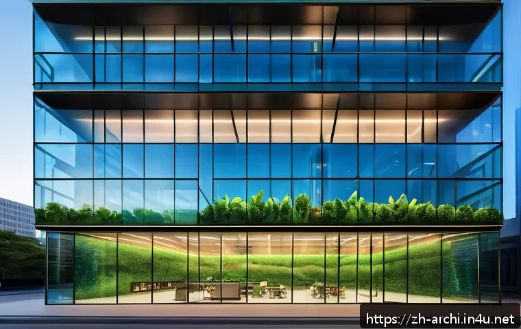 건축 실무에서 요구되는 창의적 사고 기법 - A futuristic office building featuring a dynamic fa&ccedil;ade with integrated digital art projections, ble...