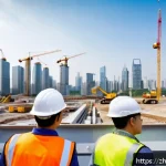 건축 실무에서의 데이터 관리 - A modern construction site bustling with activity, featuring engineers and architects collaborating ...