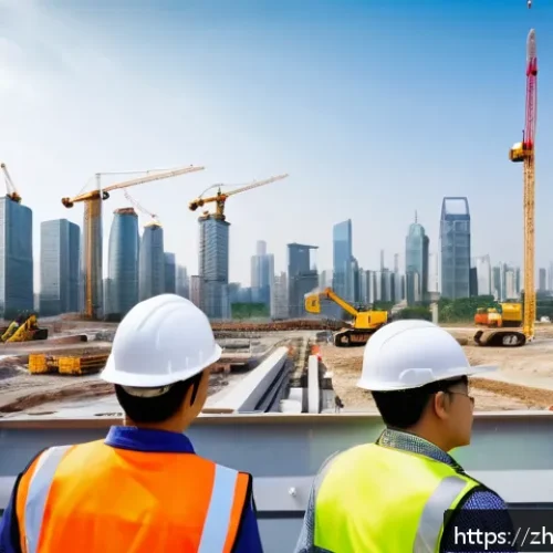 건축 실무에서의 데이터 관리 - A modern construction site bustling with activity, featuring engineers and architects collaborating ...