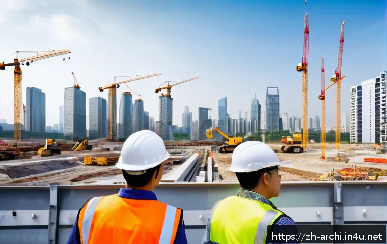 건축 실무에서의 데이터 관리 - A modern construction site bustling with activity, featuring engineers and architects collaborating ...