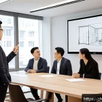 건축 실무에서 클라이언트의 요구 이해하기 - A modern architectural design meeting room scene where a designer is presenting a 3D BIM model on a ...