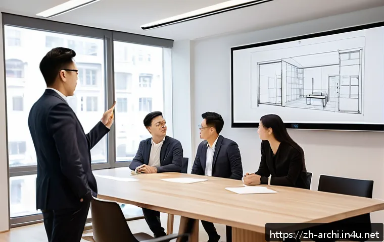 건축 실무에서 클라이언트의 요구 이해하기 - A modern architectural design meeting room scene where a designer is presenting a 3D BIM model on a ...