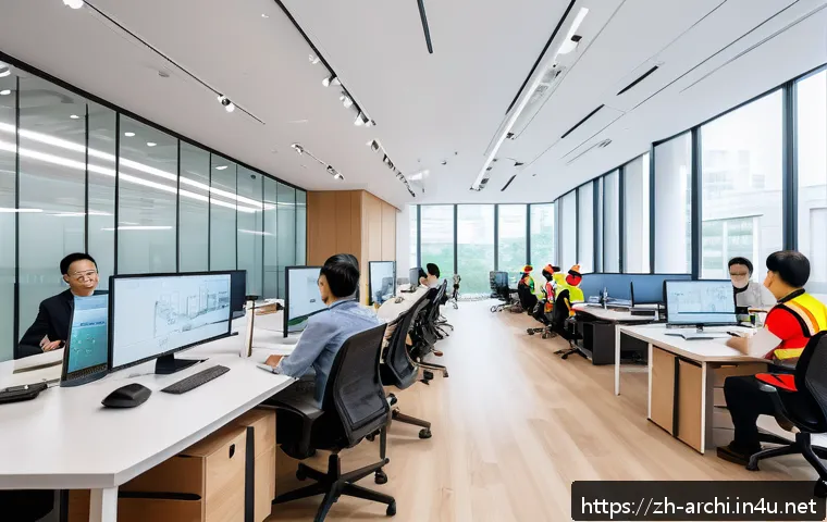 건축 실무에서 팀 구성과 관리 노하우 - A modern construction project team in a bright, spacious office, diverse professionals including arc...