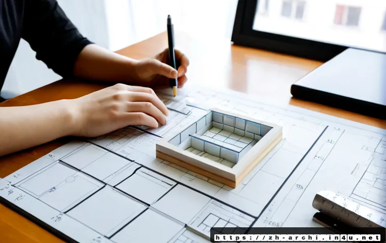 건축 설계 프로세스 단계별 설명 - Photorealistic architectural design process scene, professional architect at a clean studio desk rev...