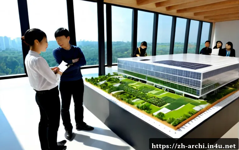 건축가가 알아야 할 최신 건축기술 - Photorealistic architectural visualization studio, a diverse team of architects reviewing a detailed...